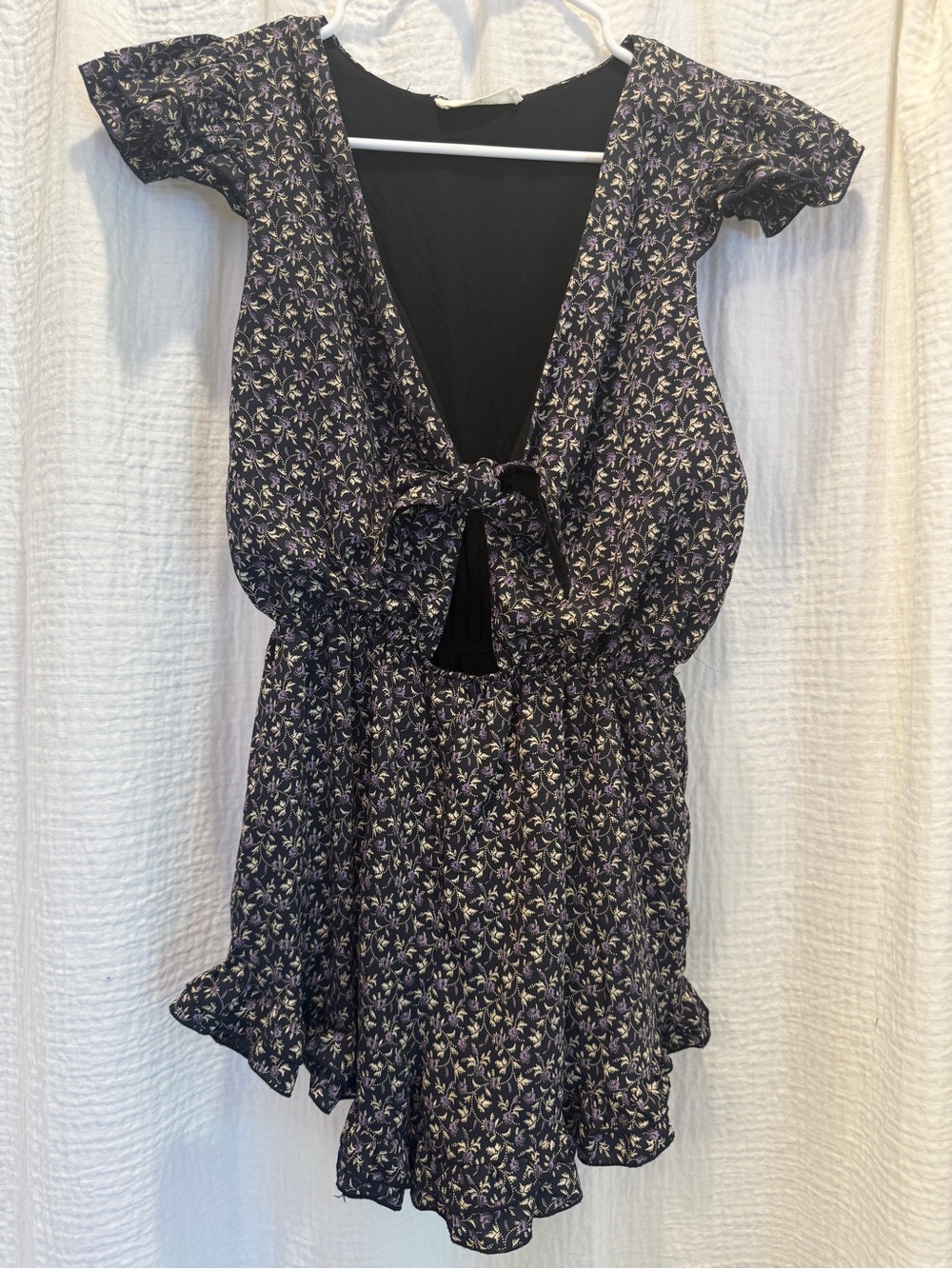 Honey Belle Floral Tie-Front Romper with Ruffle Hem